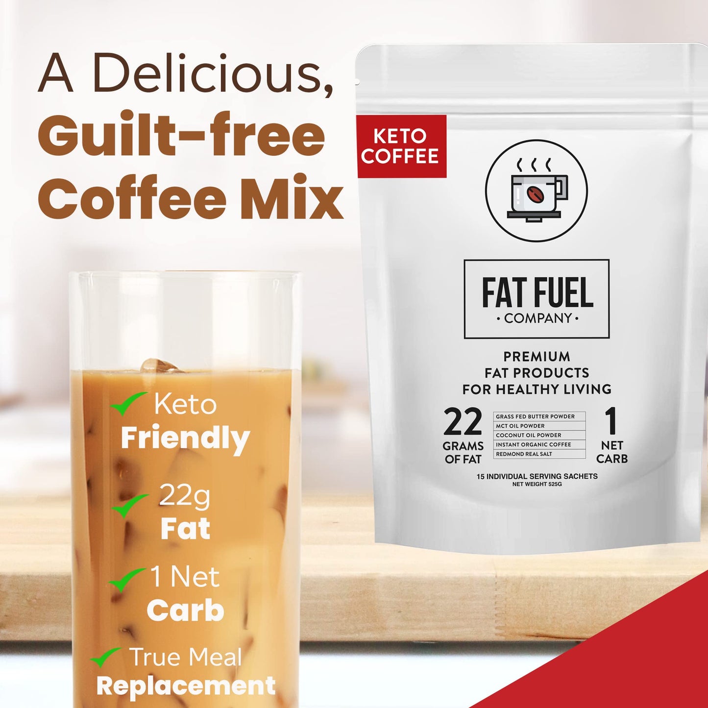 Keto Meal Replacement Coffee Packets with MCT Oils  Coconut Oil  Grass-Fed Butter  and Redmond Real Salt - Organic Instant Coffee by Fat Fuel Company (15 Servings)