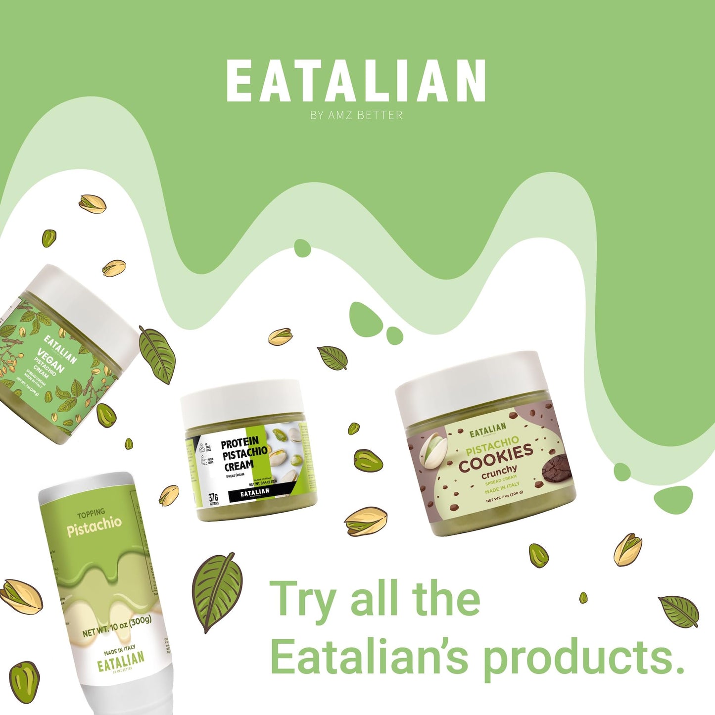 Eatalian By Amz Better Vegan Pistachio Cream Sugar Free, 17.63 Oz/ 500 Gr, Delicious Sugar Free Vegan Spread, Ideal On Bread, Pe