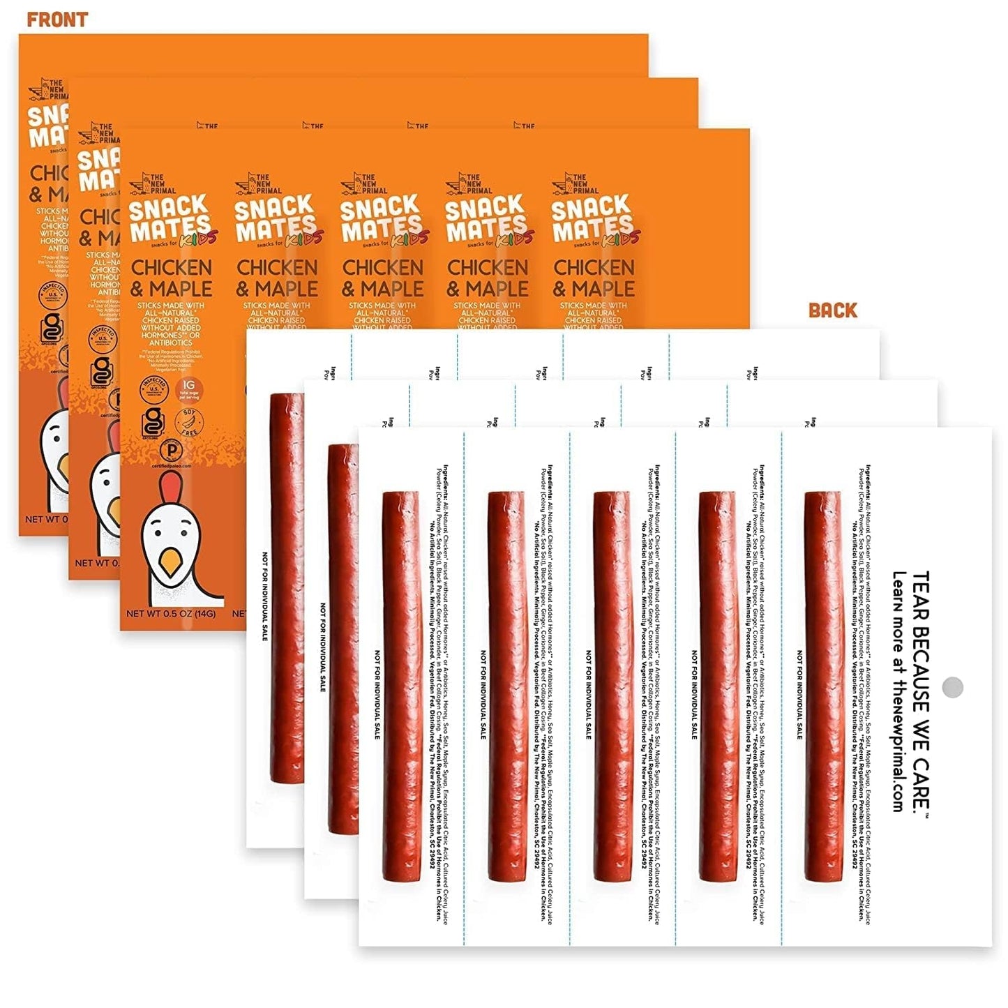 The New Primal Chicken & Maple Snack Mates, Gluten Free, Low Sugar, High Protein Jerky Sticks, 15 Count