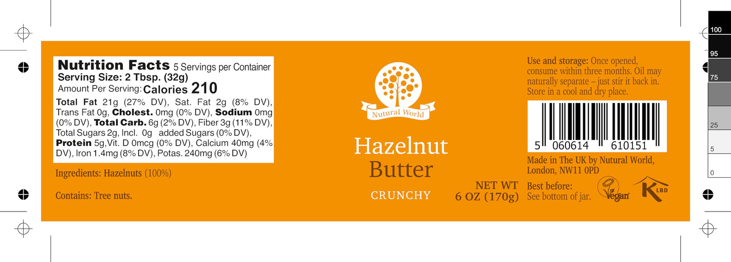 Nutural World - Crunchy Hazelnut Nut Butter 6 Oz (170G) - 100% Pure/Single Ingredient - Great Taste Award Winner