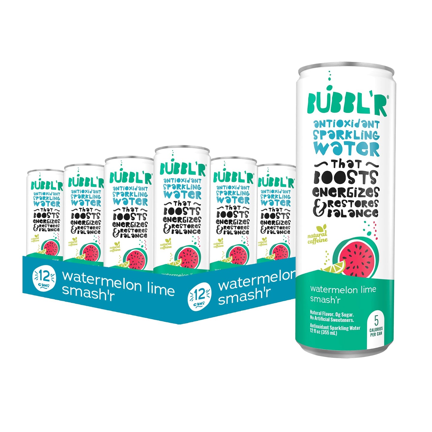 Bubblr Sparkling Water, Watermelon Lime Flavor, Antioxidant, 12 Fl Oz Cans, 12 Count, 0g Sugar, Gluten Free, All Natural Flavors