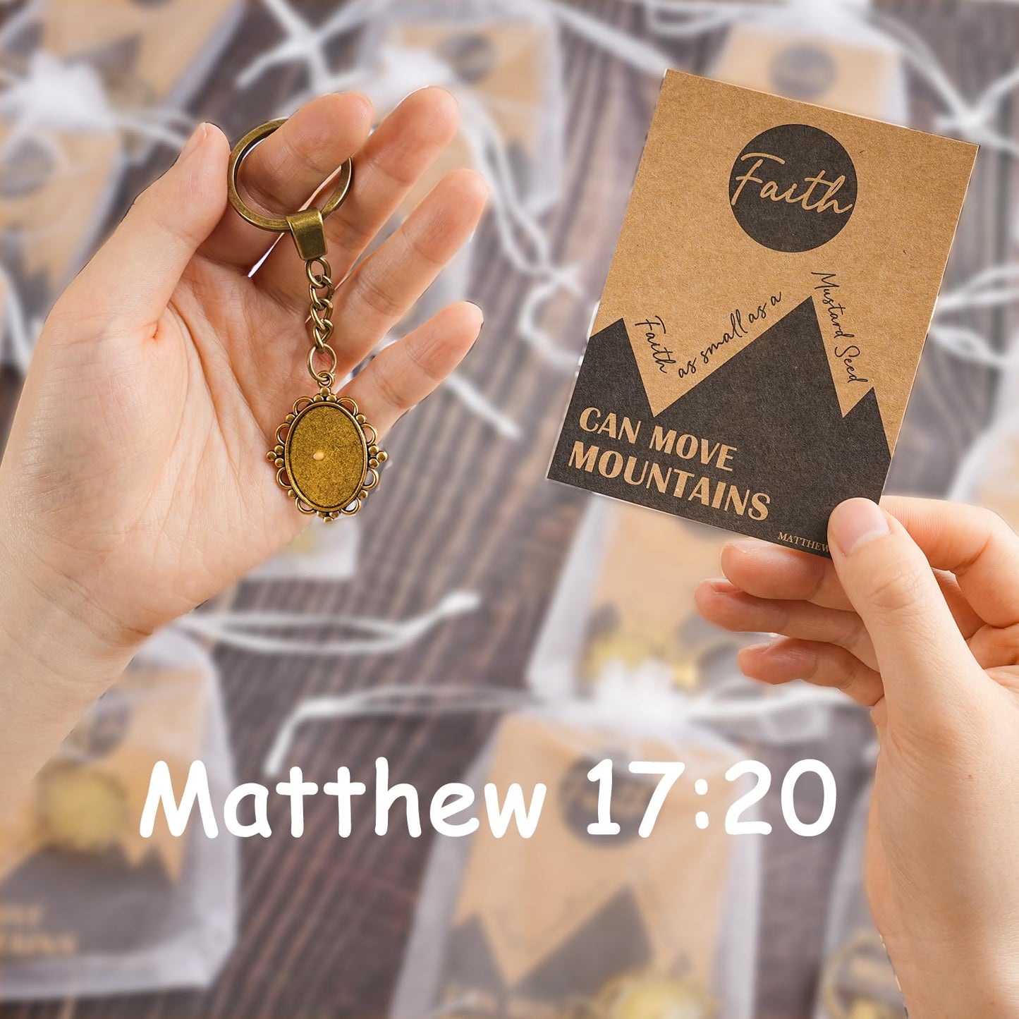 Qpige Mustard Seed Keychain Card, Bronze, Small, Christian Gifts for Women and Men, Faith-Based Baptism Inspirational Gift