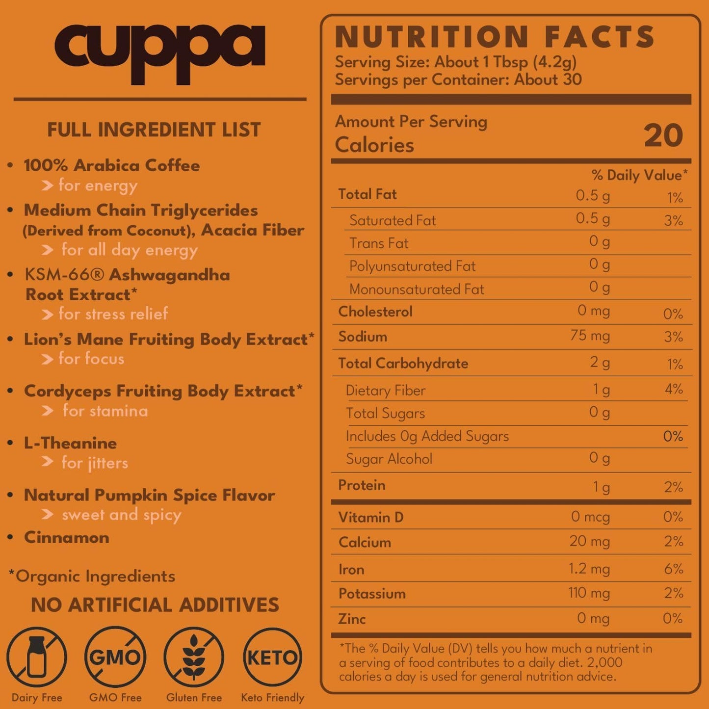 Cuppa Healthy Mushroom Insant Coffee with Lions Mane & Ashwagandha for All Day Energy & Focus - No Crash or Jitters - Nootropics for Brain Health  Gut Health  Immunity  Stress  Memory + Mood (30 Servings  Pumpkin Spice)
