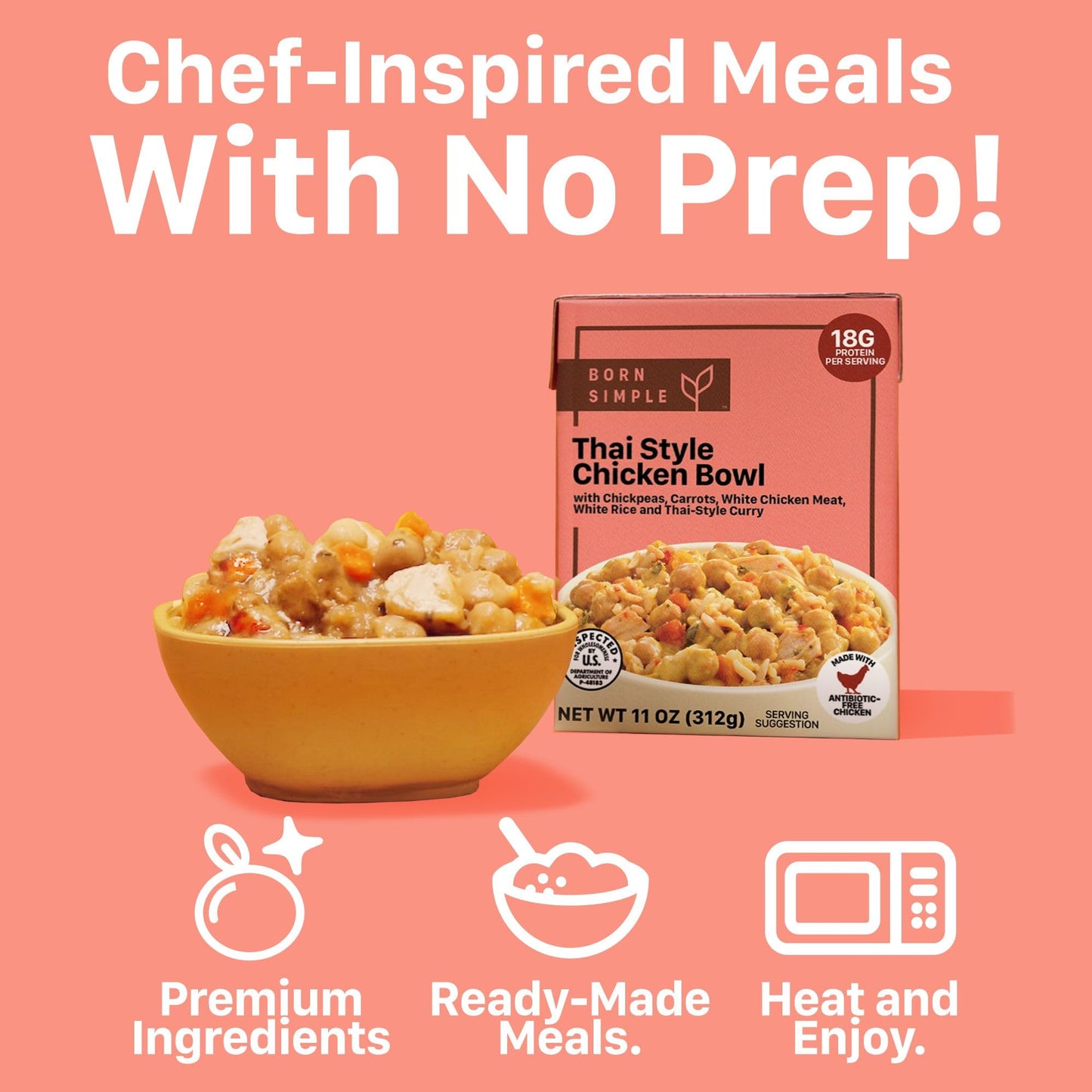 Born Simple Prepared Meals - Ready To Eat Thai Style Chicken Bowl | 18G Protein | 11 Oz (Pack Of 8)