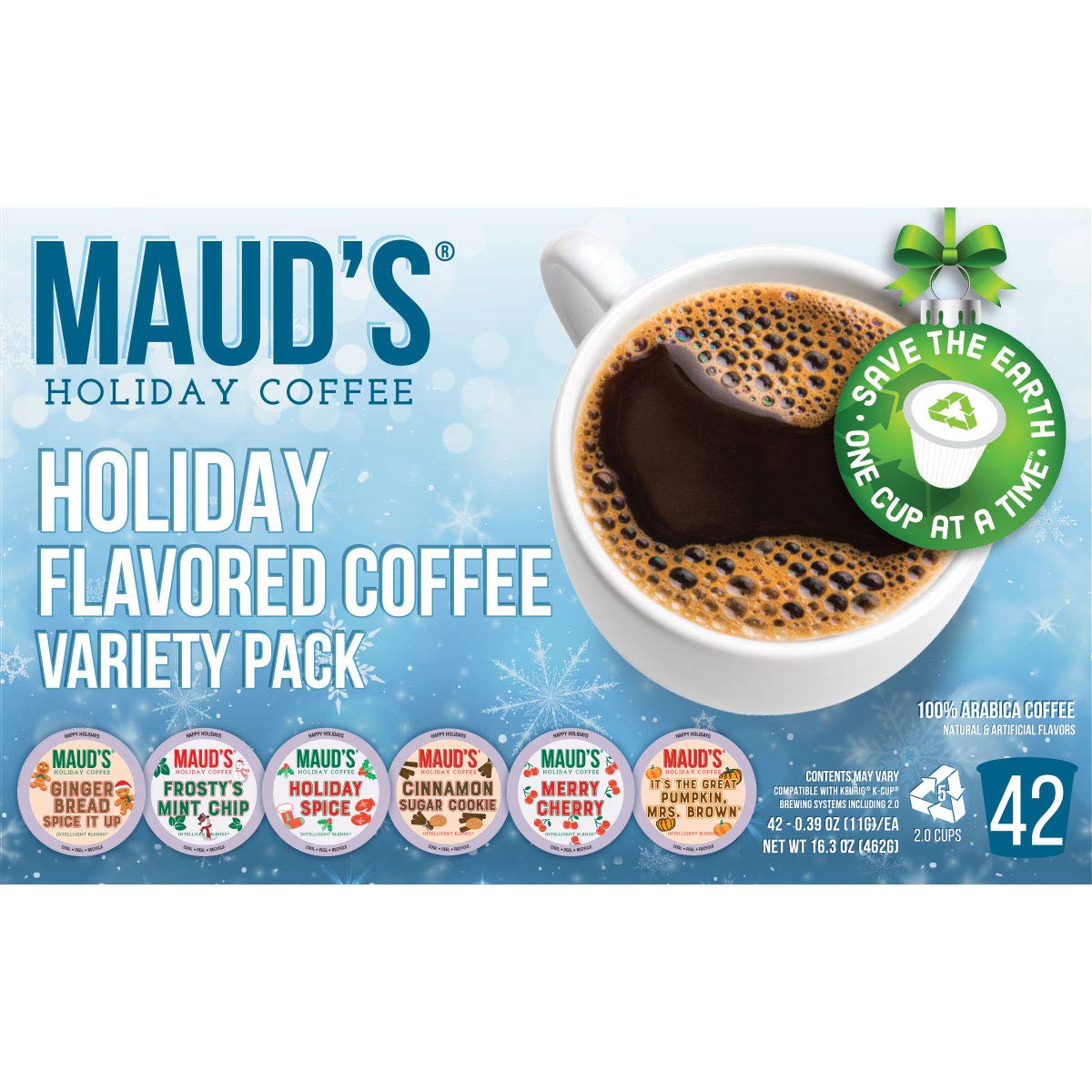 Mauds Holiday Flavored Coffee Pods Variety Pack  42 ct | 6 Assorted Blends | 100% Arabica Flavored Coffee | Solar Energy Produced Recyclable Single Serve Pods Compatible with Keurig K-Cup malt-inspired