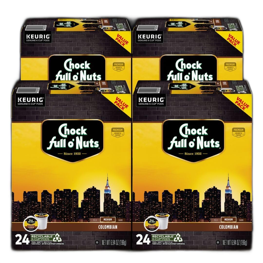 Chock full oNuts Keurig K-Cup Pods - Colombian - Medium Roast - Premium Arabica, 24 count, Pack of 4