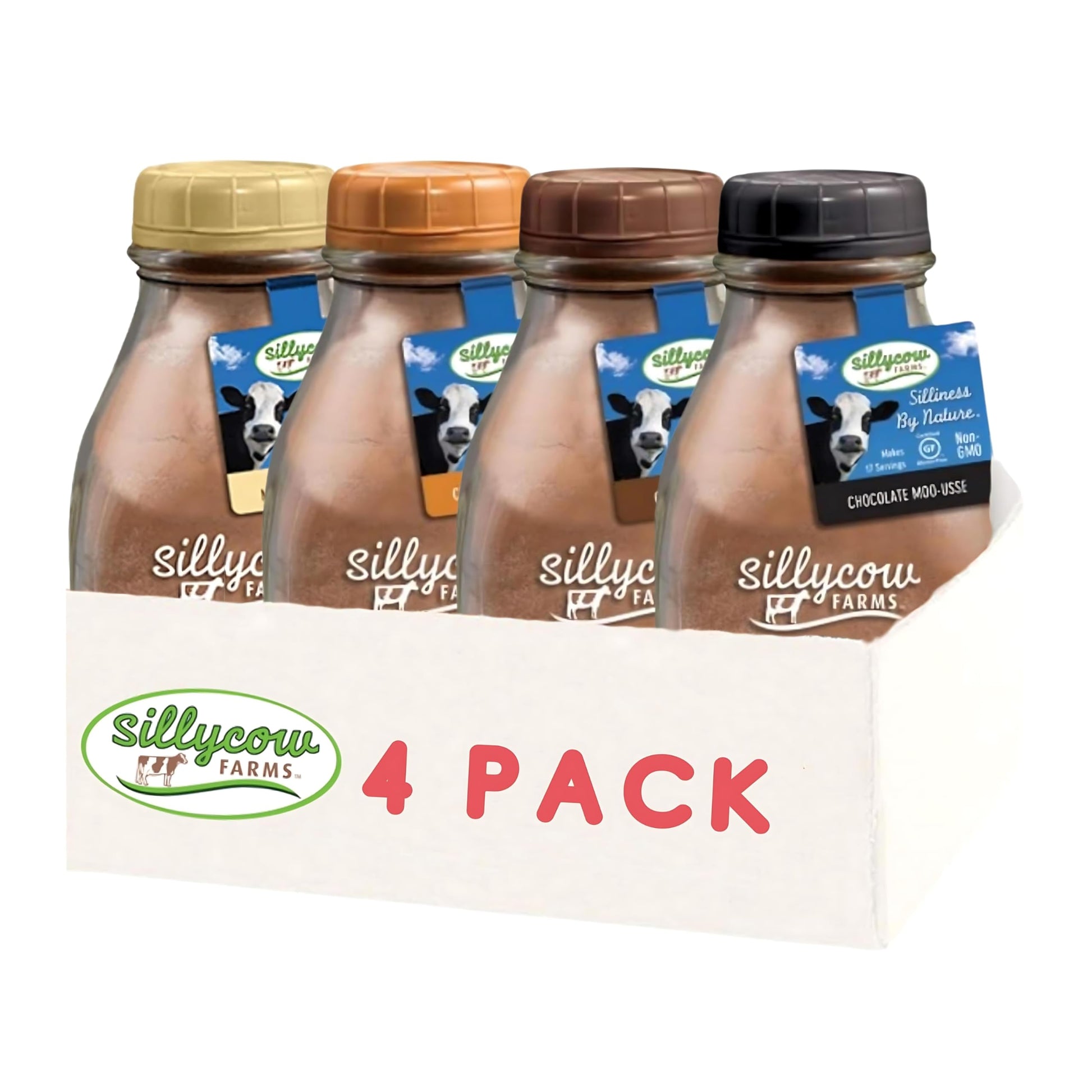 Silly Cow Farms Hot Chocolate Variety Pack - 4 Flavors, Gluten-Free, Non-GMO, Dairy-Free, 16.9 Oz Reusable Glass Bottle