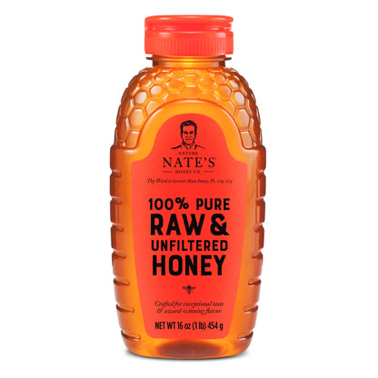 Nates 100% Pure, Raw & Unfiltered Honey - Award-Winning Taste, 16 oz. Squeeze Bottle