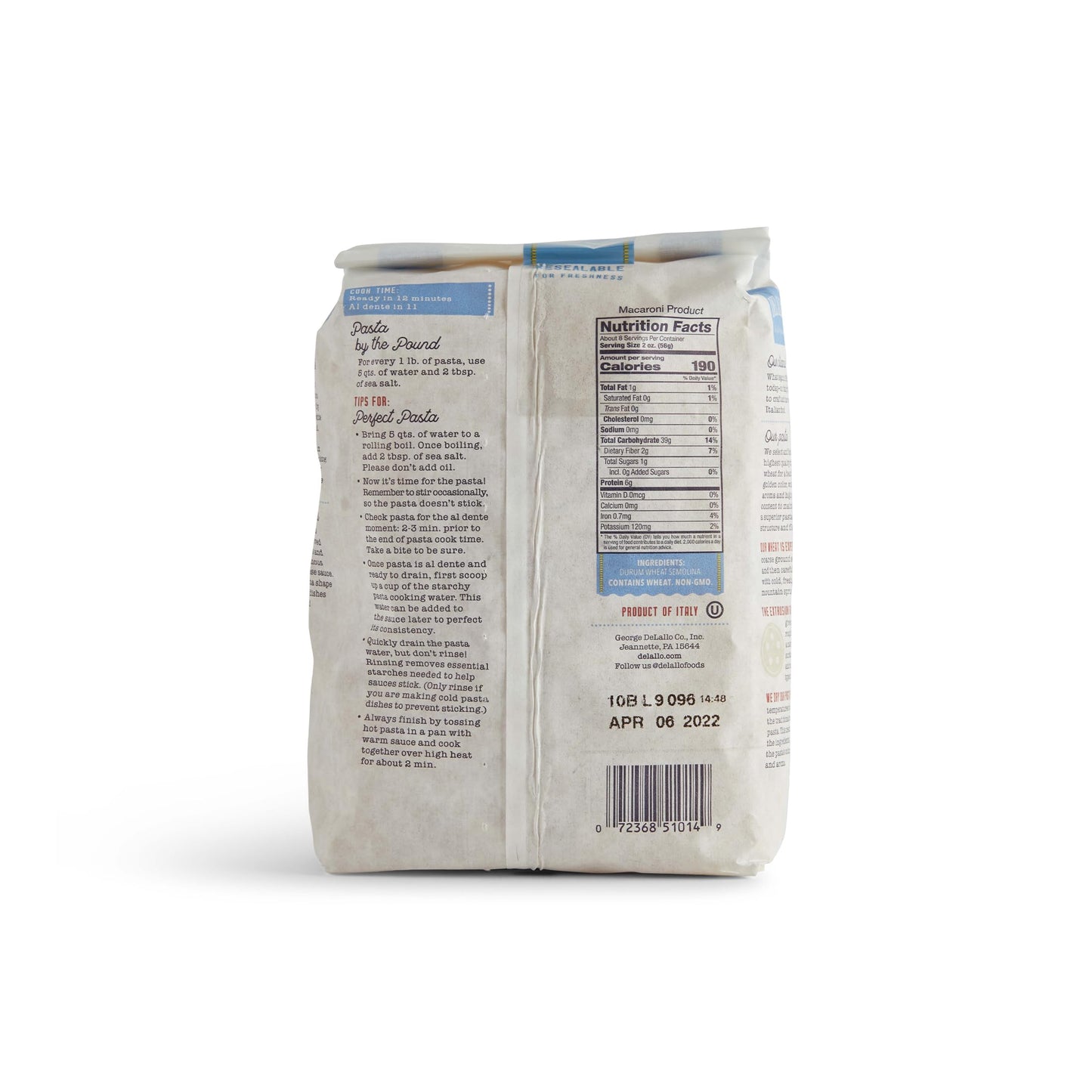 Delallo Tortiglioni Pasta, 1 Pound Bag, 4 Pack, Tube Shape, Made With Durum Wheat Semolina Flour, Imported From Italy, Cooks In