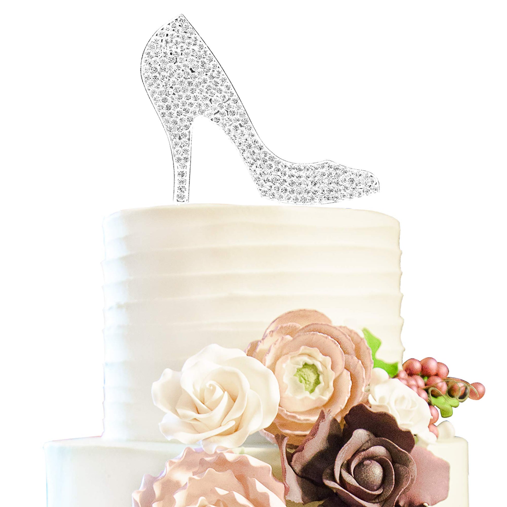 LINGTEER High Heel Cake Topper Silver Rhinestone Crystal 3.94x6.69