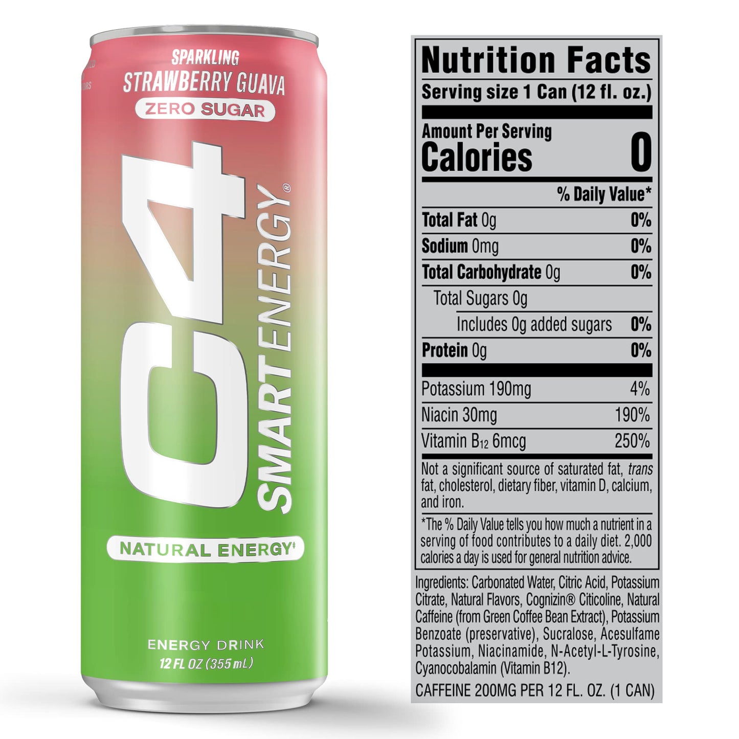 Cellucor C4 Smart Energy Drink, Sugar Free, Nootropic Booster, Strawberry Guava, 12 Fl Oz (Pack of 12)