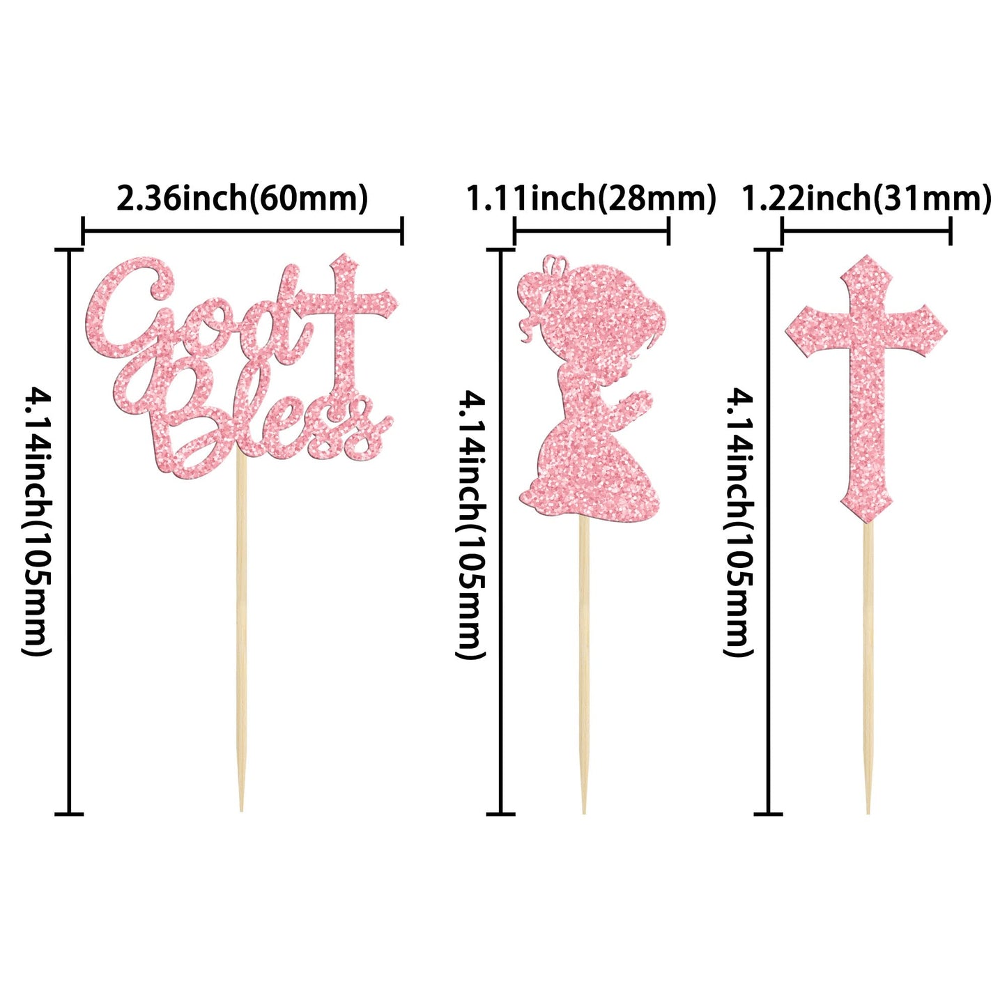 Gyufise 24Pcs Pink Glitter God Bless And Cross Cupcake Toppers Girl Babyshower Cake Topper Decorations For Babyshower Girl Bapti