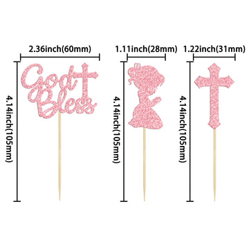 Gyufise 24Pcs Pink Glitter God Bless And Cross Cupcake Toppers Girl Babyshower Cake Topper Decorations For Babyshower Girl Bapti