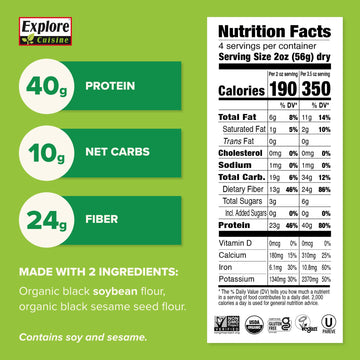 Explore Cuisine Organic Black Bean & Sesame Fettuccine (6 Pack) - 8 Oz - High Protein, Gluten Free Pasta - Usda Certified Organi