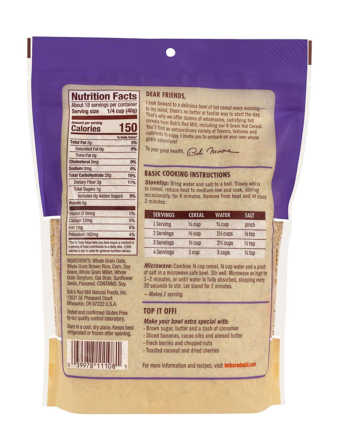 Bob'S Red Mill Gluten Free 8 Grain Hot Cereal, 25 Oz (Pack Of 4)