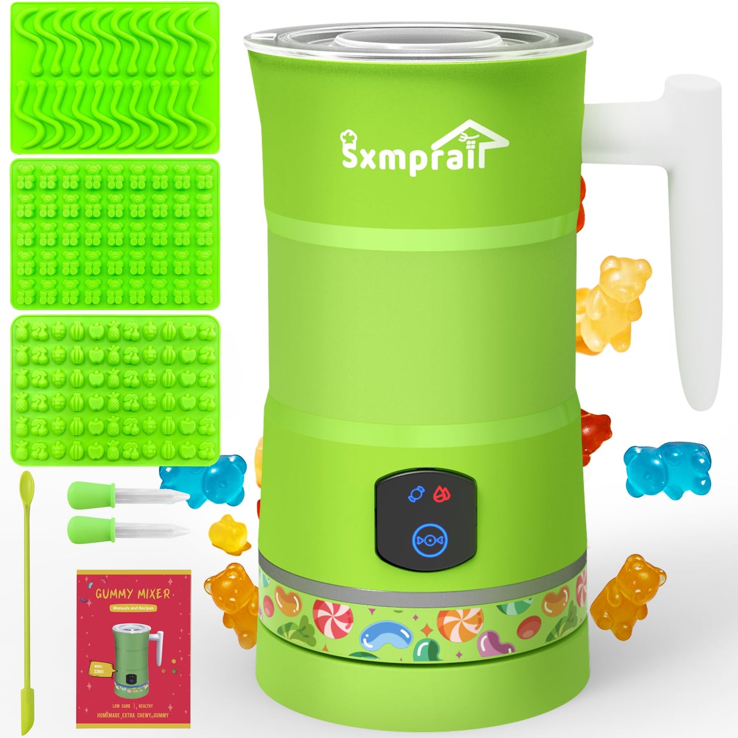Sxmprail Gummy Maker Machine, Oil Infused DIY Edible Gummy & Jelly Kit, Includes Bear & Fruit Molds, Green