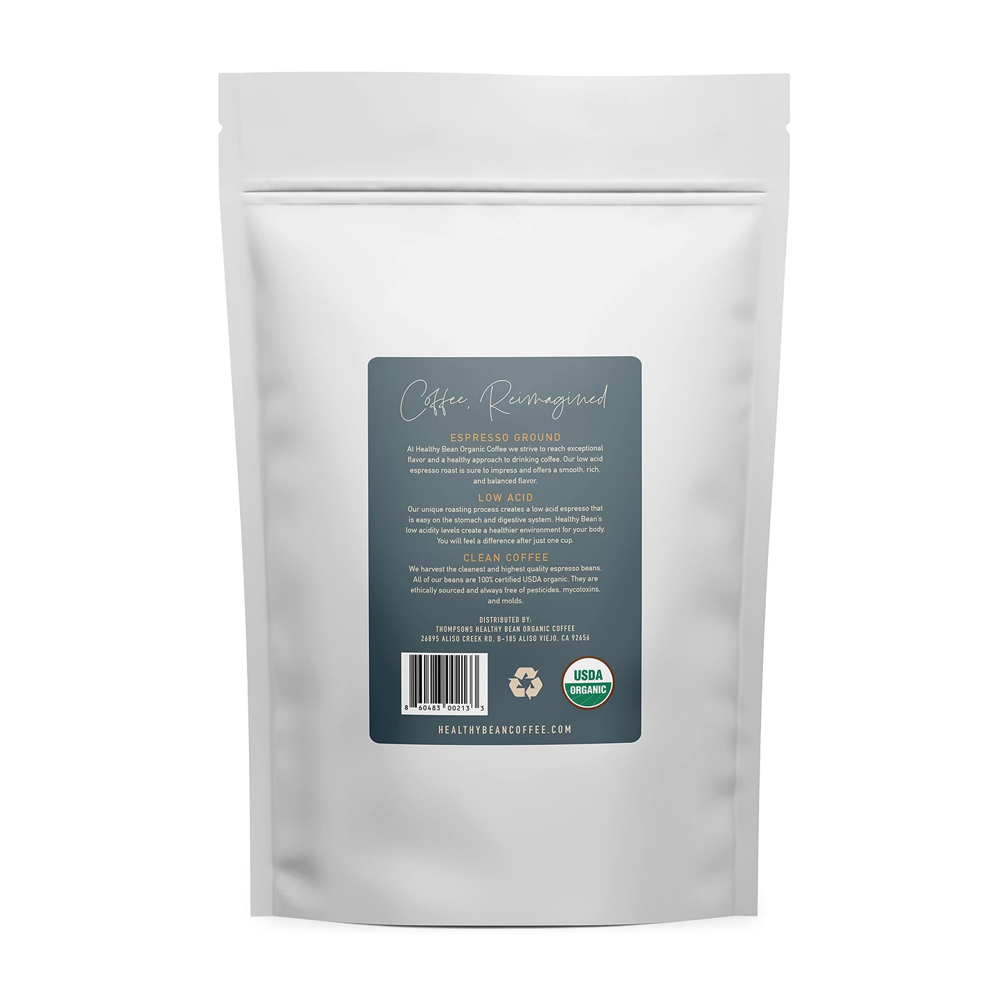 Healthy Bean Coffee - Organic Espresso Ground Coffee - Low Acid Coffee Grounds, Strong, Rich Flavor Clean Coffee, Healthy Coffee