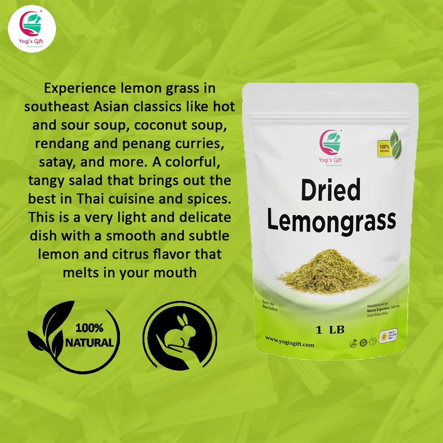 Dried Lemongrass 1 LB | Cut and Sifted Loose Leaf | Aroma Rich Lemon Grass | by Yogis Gift