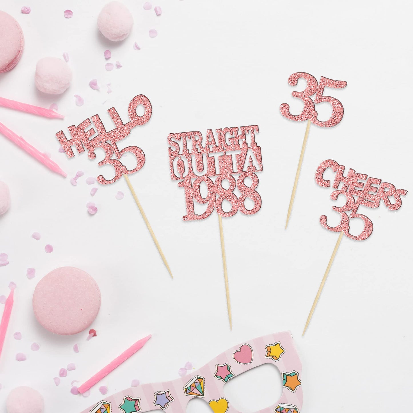 Gyufise 24Pcs Cheers to 35 Years Birthday Cupcake Toppers Glitter Thirty-five Straight Outta 1988 Cupcake Picks Happy 35th Cake