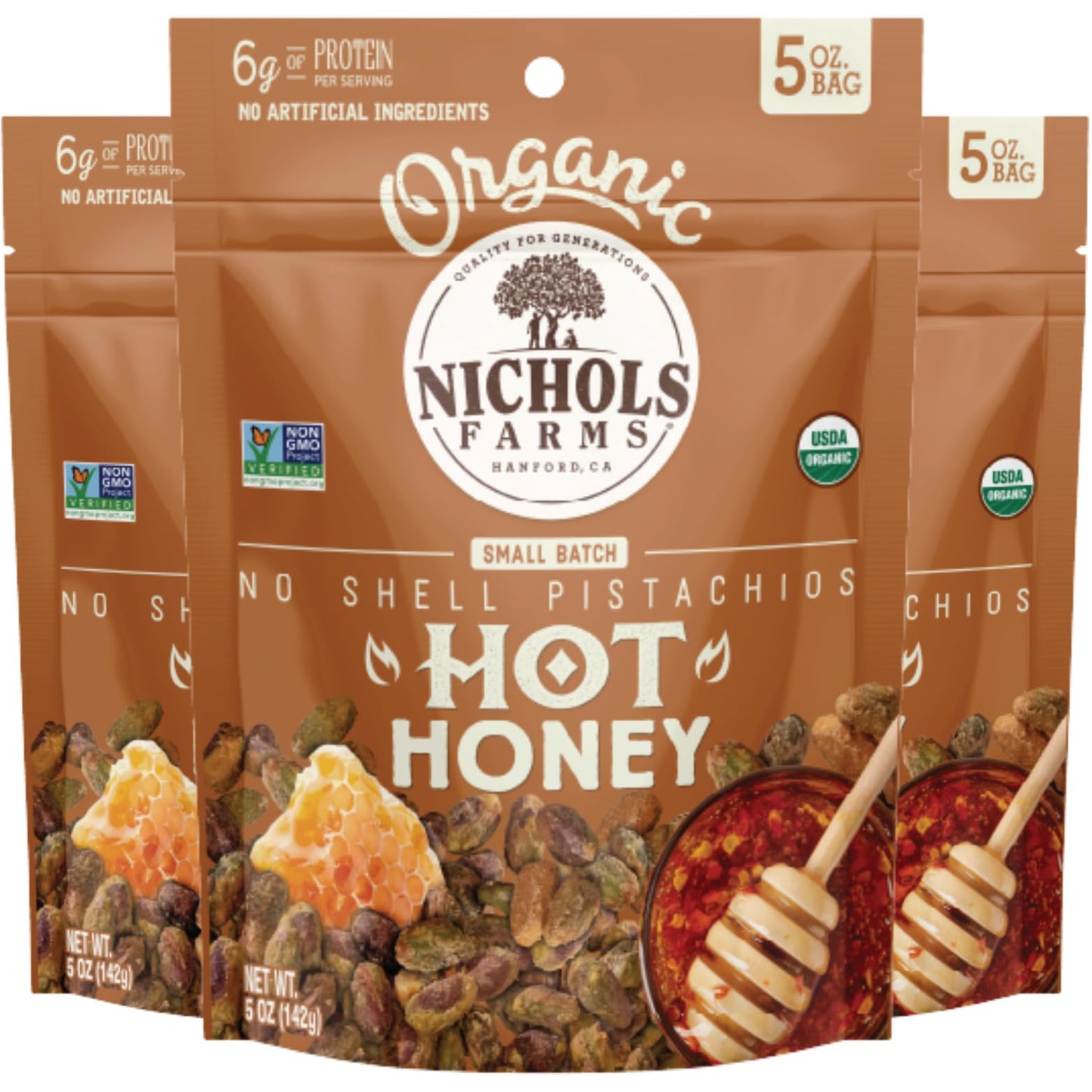 Organic Pistachios, Hot Honey Flavored 5oz 3 Pack No Shell California Pistachios - Nichols Farms