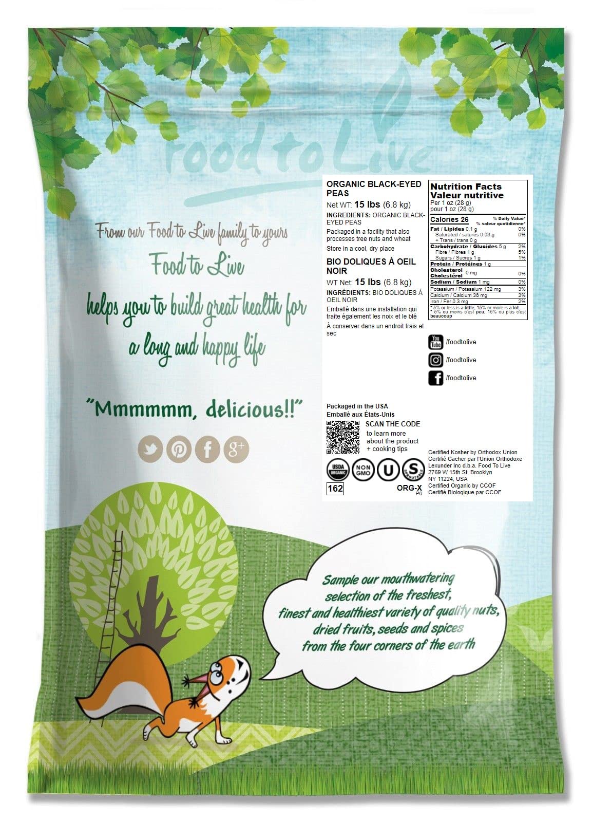 Food To Live Organic Black-Eyed Peas, 15 Pounds – Raw Dried Cow Peas, Non-Gmo, Kosher, Bulk Beans, Product Of The Usa