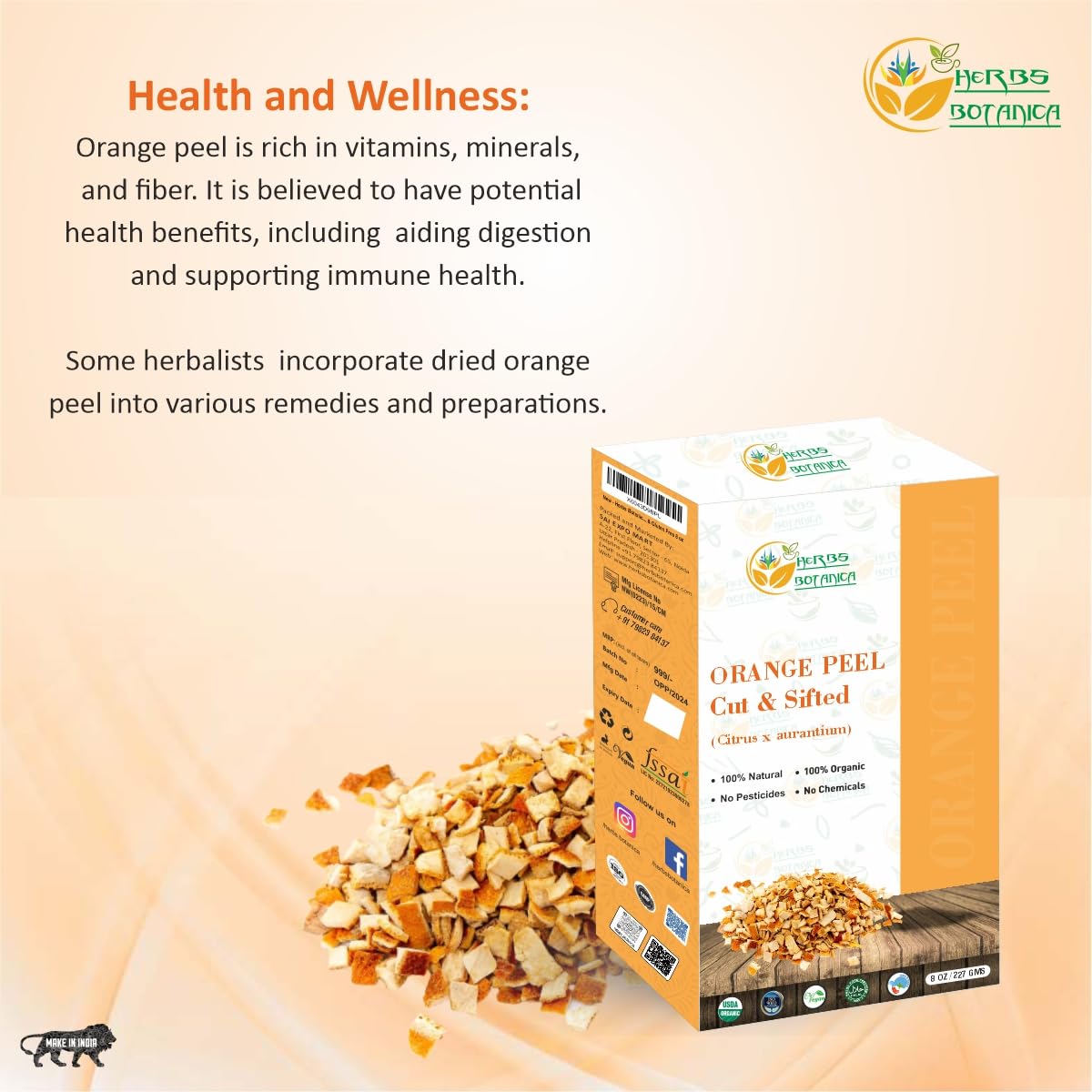 Herbs Botanica Dried Orange Peel Organic Cut & Sifted 8 oz Vegan Non-GMO Gluten-Free