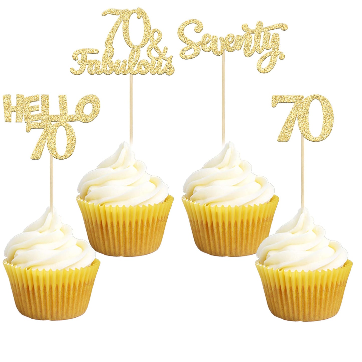 Gyufise 24Pcs Gold Glitter 70Th Birthday Cupcake Toppers Hello 70 Seventy Cake Toppers 70 & Fabulous Cupcake Picks For 70Th Birt