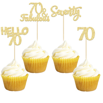 Gyufise 24Pcs Gold Glitter 70Th Birthday Cupcake Toppers Hello 70 Seventy Cake Toppers 70 & Fabulous Cupcake Picks For 70Th Birt