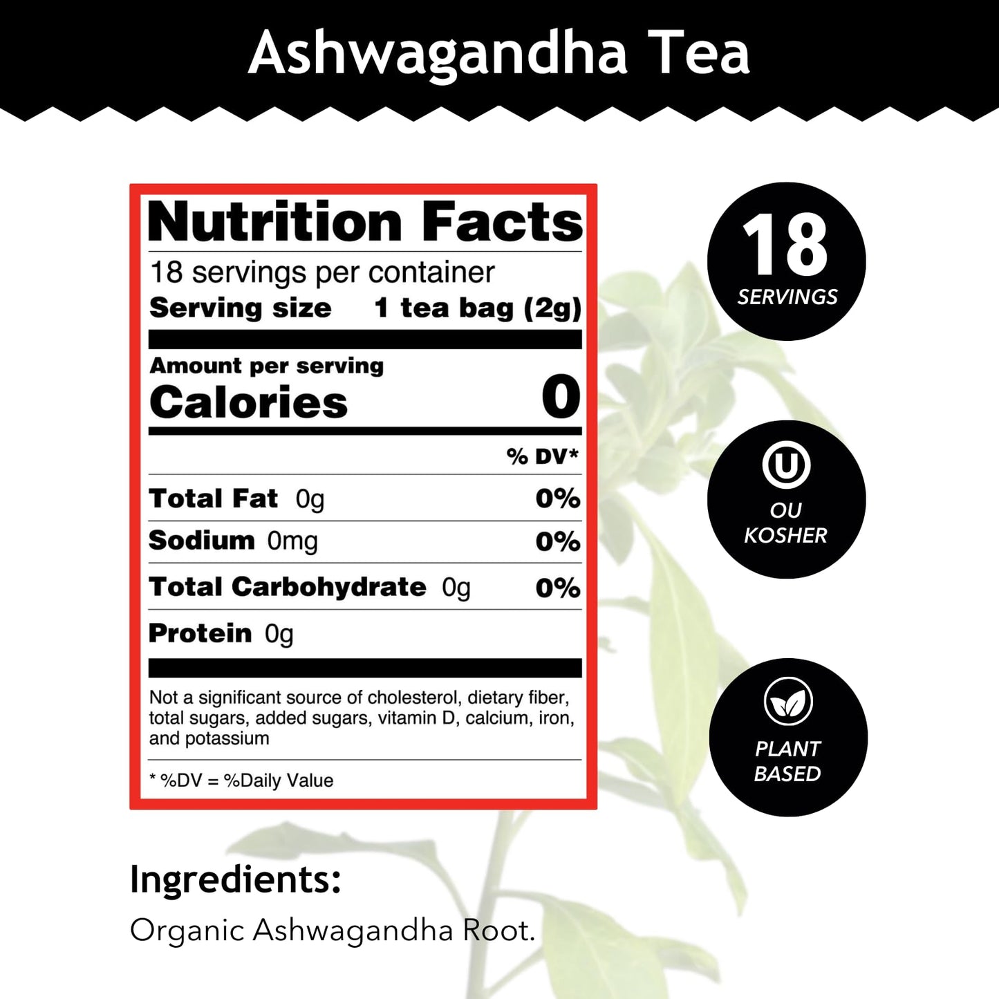 Buddha Teas Organic Ashwagandha Root Tea - Herbal, Caffeine Free, 18 Count (Pack of 1) - OU Kosher & Non-GMO