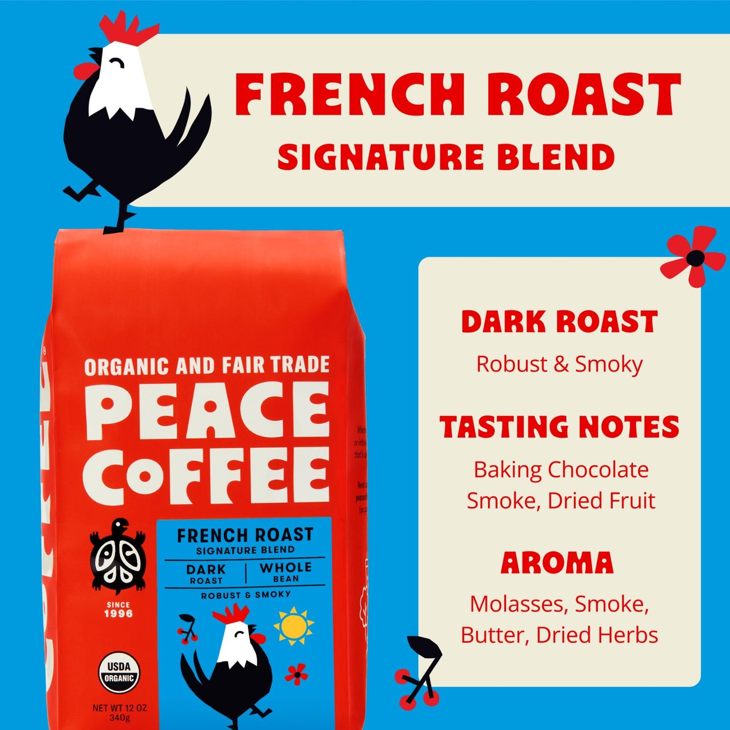 Peace Coffee French Roast (Peru Origin), Organic Fair Trade Dark Roast Coffee, Whole Bean 20 Oz. Bag