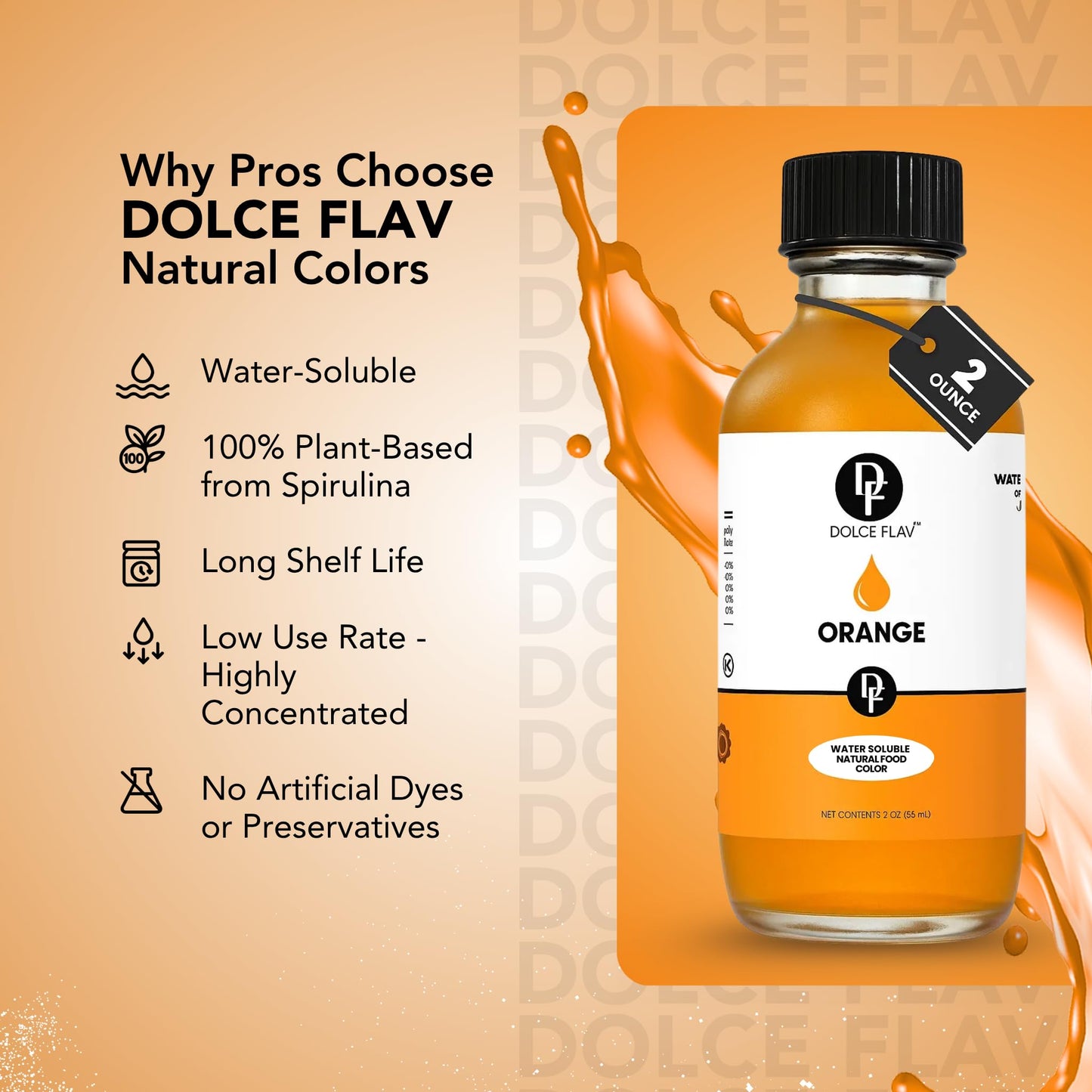Dolce Flav Natural Orange Food Coloring - 2 oz Bright Plant-Based Liquid Dye | Water-Soluble Color for Baking, Drinks & Desserts