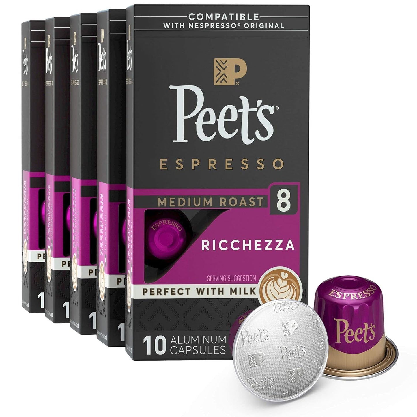 Peets Coffee Medium Roast Espresso Capsules, Ricchezza Intensity 8, 50 Count (5 Boxes of 10) Compatible with Nespresso Original Machine