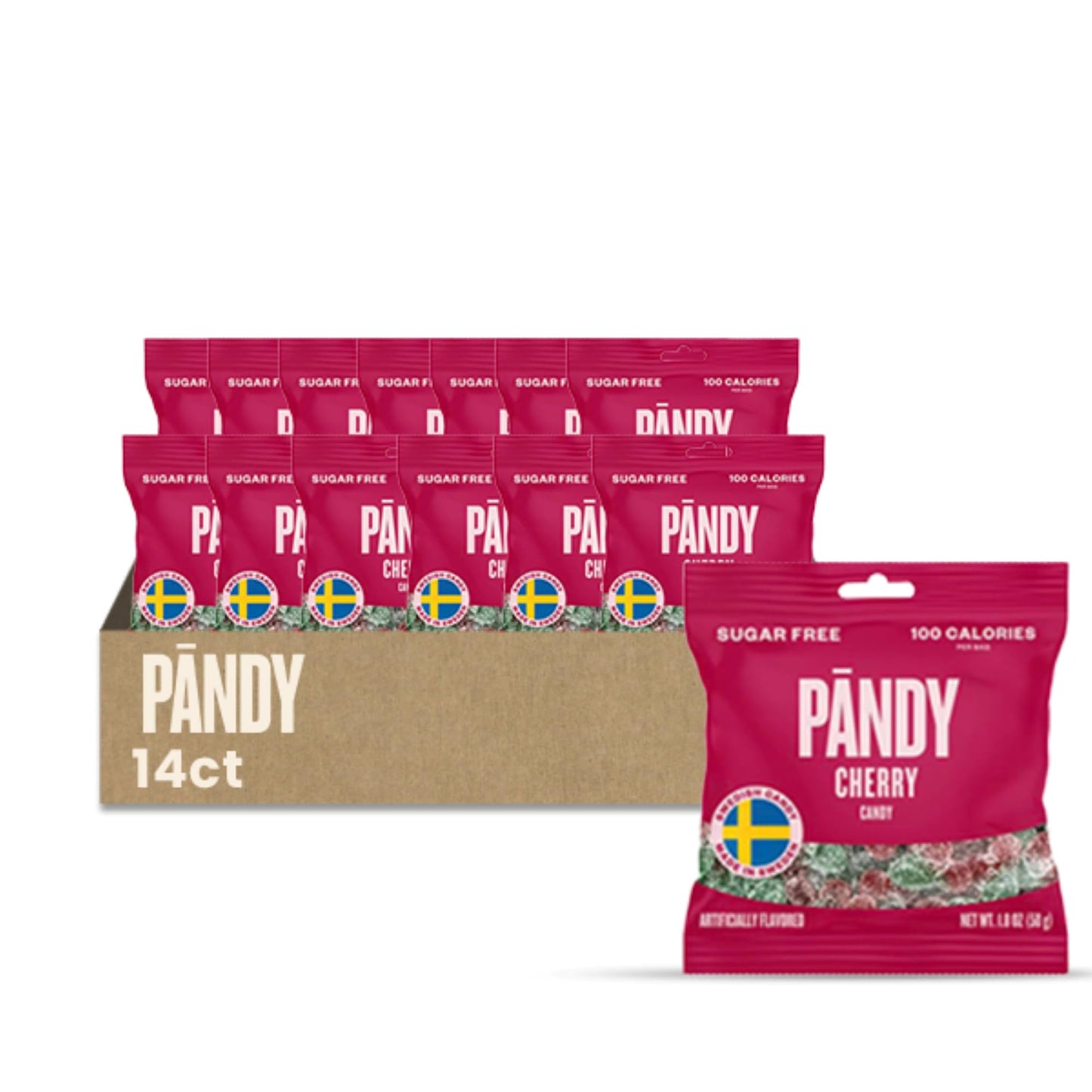 Pandy Swedish Candy Sugar Free Candy Sour Cherry Flavour 14 Bags- Swedish Candy Mix - Diet Candy Keto Gummy Low Calories Snacks - Healthy Sweets 14 X 1.8Oz