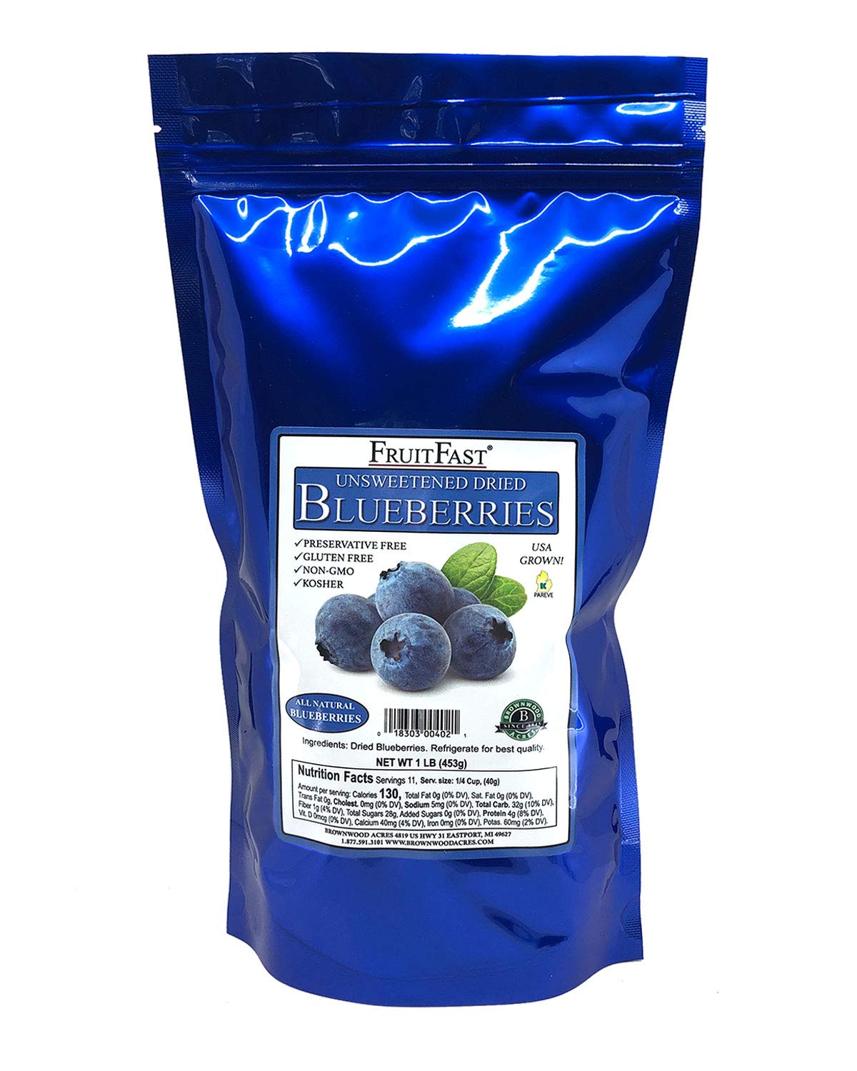 FruitFast Unsweetened Dried Blueberries - Non-GMO, Gluten Free, Kosher - 1 Pound
