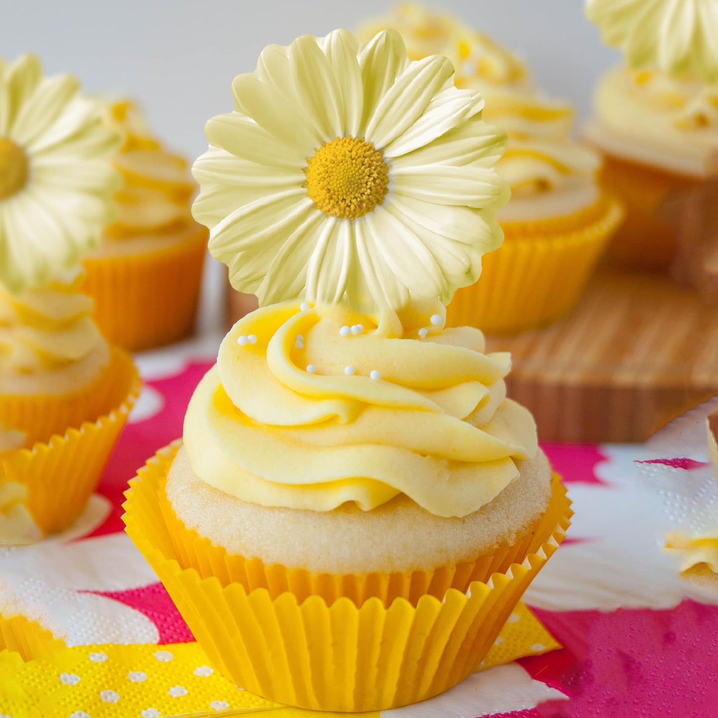 Foowztao 60Pcs Edible Daisy Cupcake Toppers - Wafer Paper Flower Decorations for Birthday & Wedding, Yellow