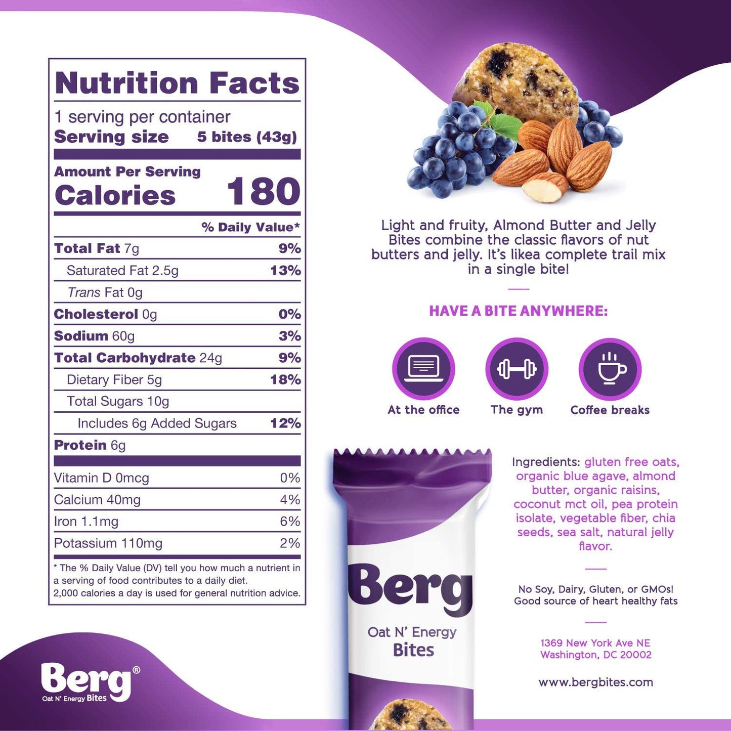 Berg Oat N' Energy Bites - Non-Gmo, Gluten Free, Dairy Free, Soy Free And Vegan - Clean Energy Snack - 1.5Oz, Pack Of 8 (Almond