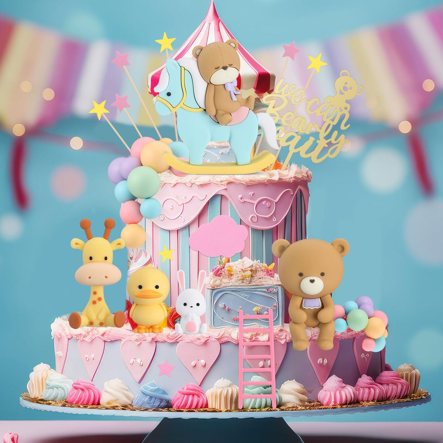Yinder Bear Cake Toppers Mini Bear Cake Decorations Cake Toppers Gold White Pearl Ball For Birthday Party Decorations(Bright Col