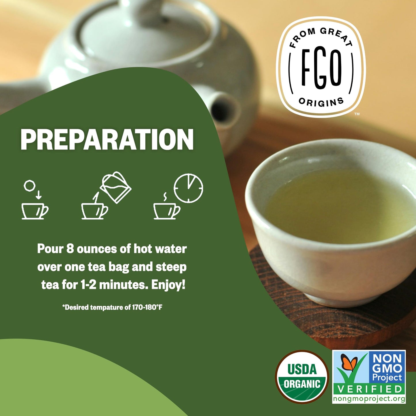 FGO Organic Japanese Matcha & Green Tea - Eco-Conscious Tea Bags, 100 Count (Pack of 1)
