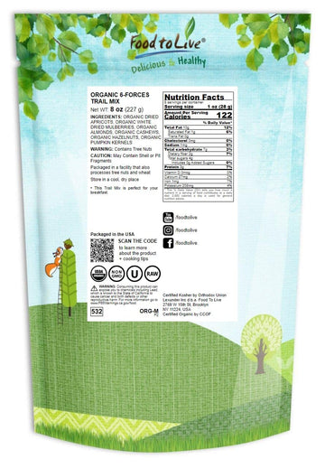 Food to Live Organic 6-Forces Trail Mix, 8 Ounces - Raw, Non-GMO, Mulberries, Cashews, Pumpkin Seeds, Apricots, Hazelnuts, Almon