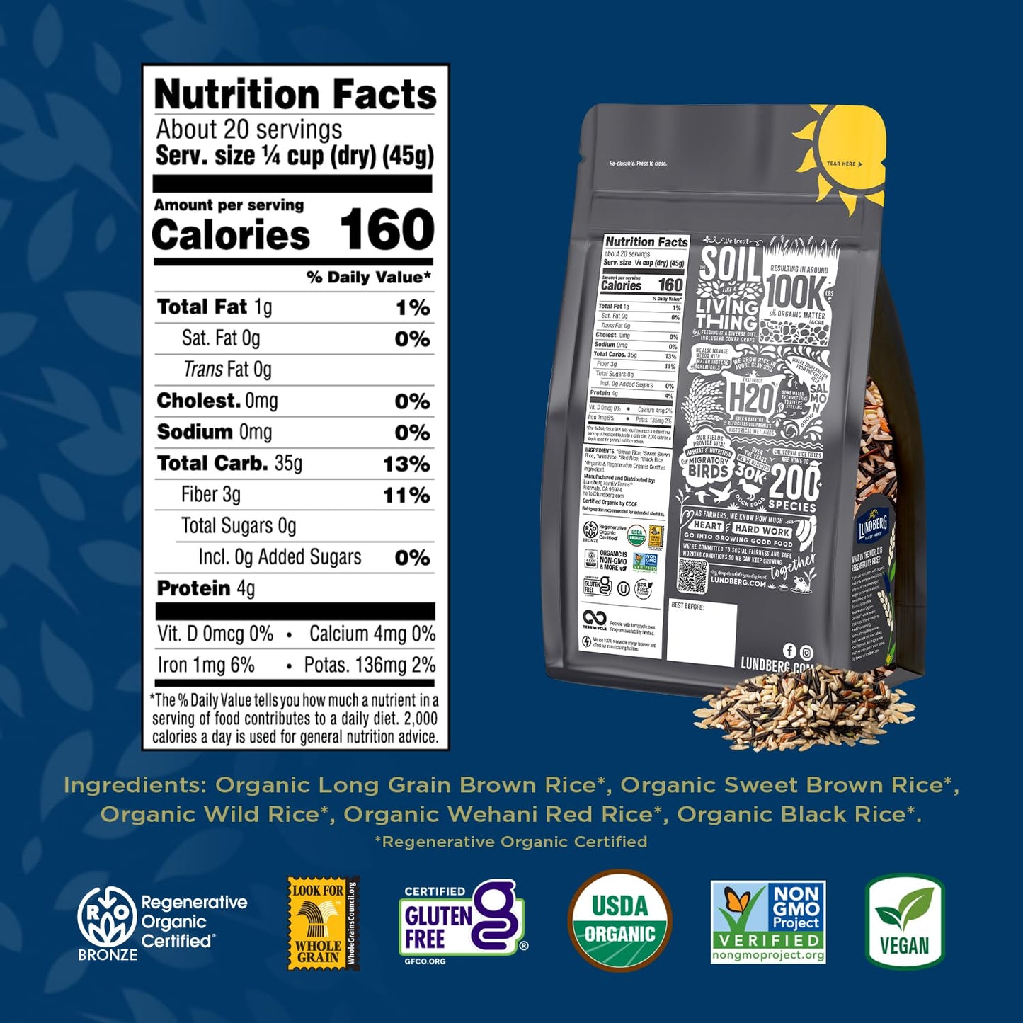 Lundberg Organic Wild Blend Rice, Regenerative Organic Certified, 6-Pack- A Balanced Blend of Brown Rice, Red Rice, and Black Ri