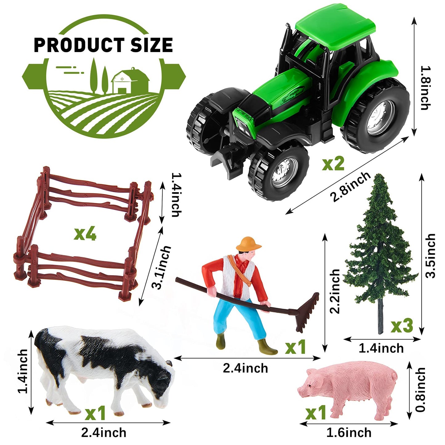 12 Pieces Farm Animal Tractor Cake Topper Set With Tree Farmer Fences Mini Barn Animal Figurines For Farm Animal Theme Party Bab
