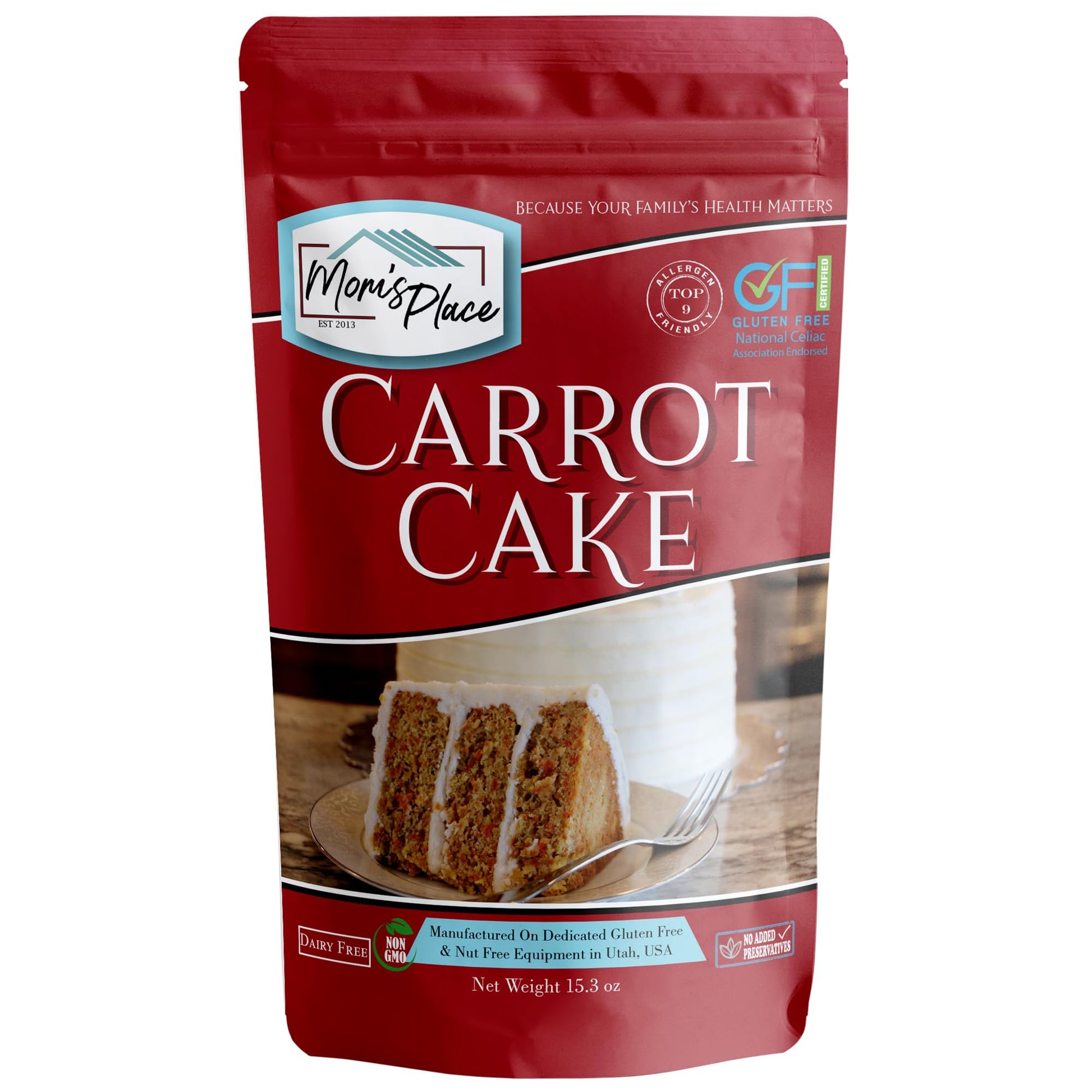 Moms Place Gluten-Free Carrot Cake Mix - Moist  Spiced  and Dairy-Free - Allergen-Friendly  Non-GMO  Easy to Prepare 15.3 Oz