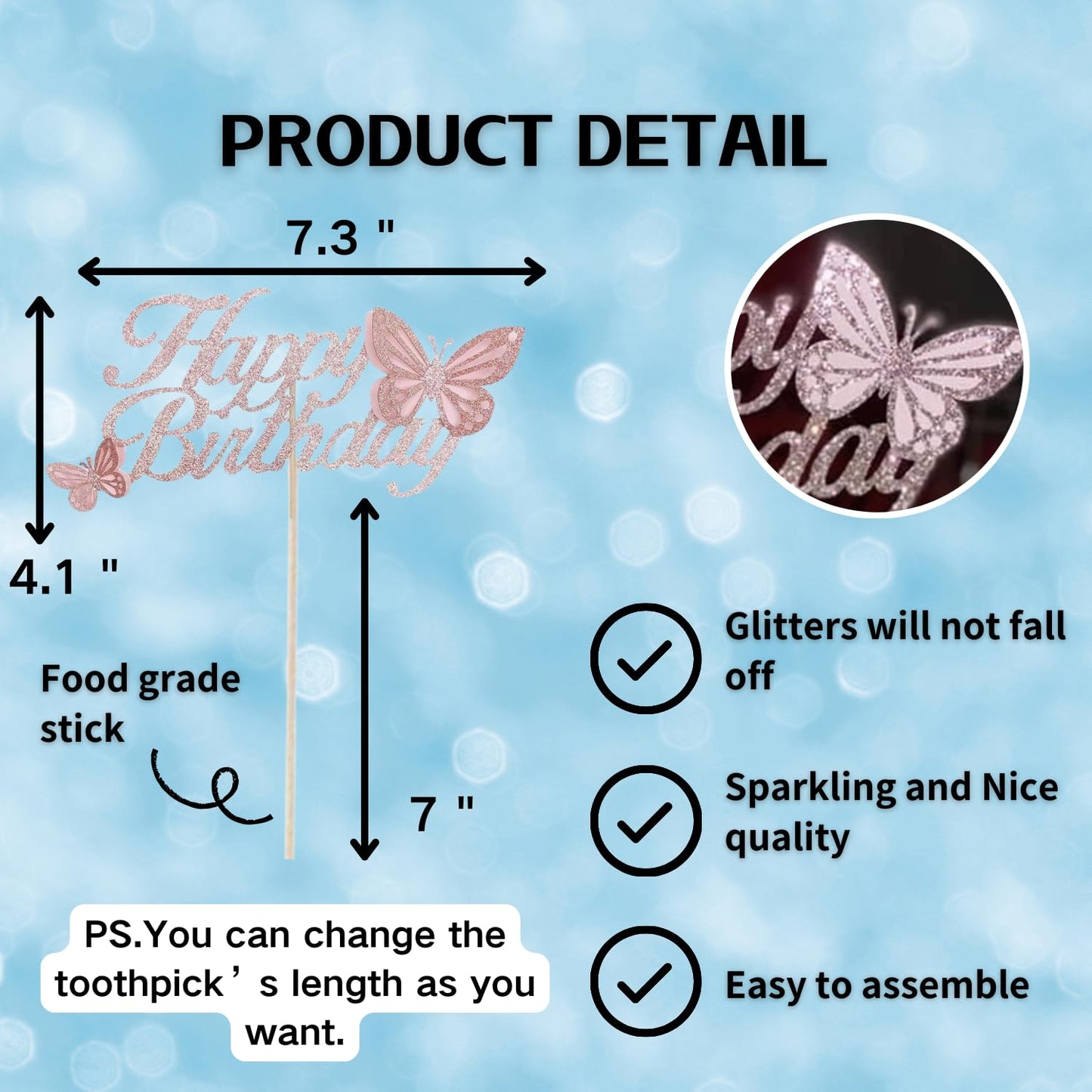 ALISSAR Rose Gold Butterfly Cake Topper, 3D Handmade Decoration for Womens Birthday Party, Model: butterfly-1-rose gold