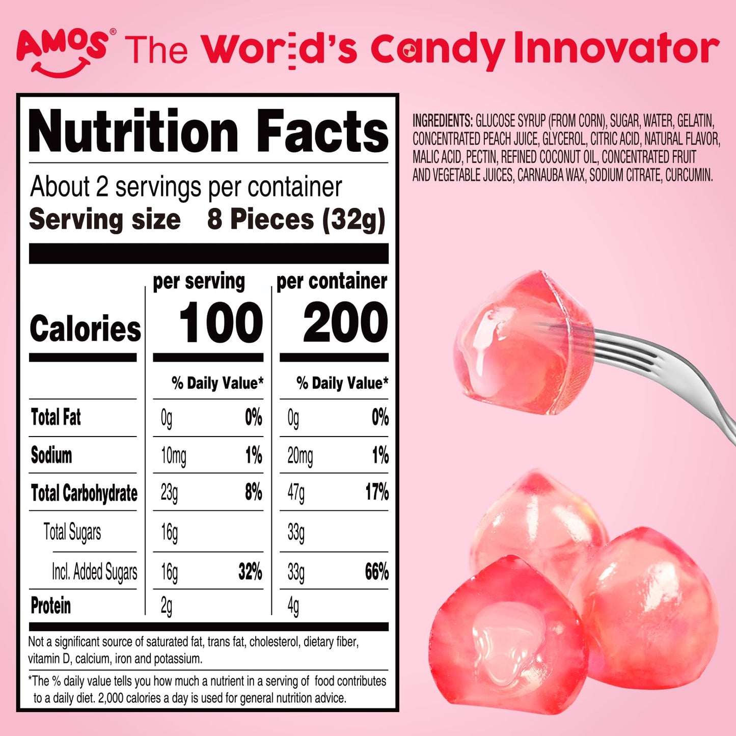 Amos 4D Gummy Candy Peach Burst - Fruity, Jelly-Filled, Natural Flavor - Resealable 2.29Oz Bag Valentine'S Candy Gift (Pack Of 8