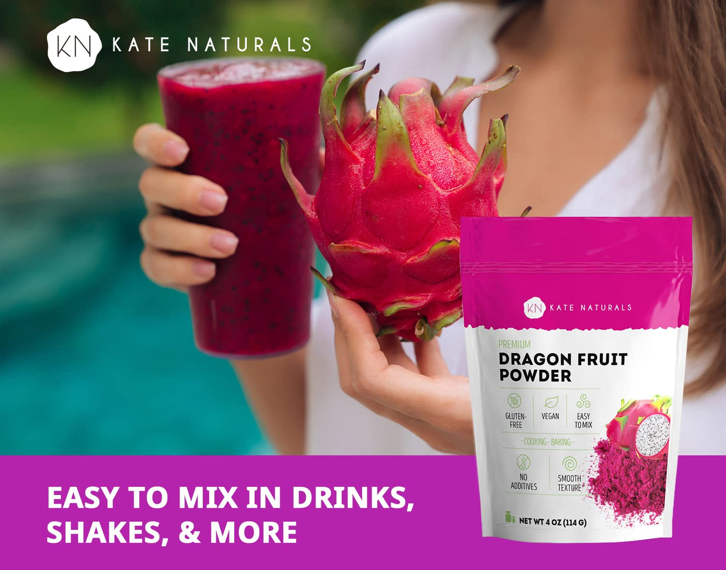 Kate Naturals Dragon Fruit Powder For Baking & Drink (4Oz). Vegan, Gluten Free Dried Pink Pitaya Powder For Dragonfruit Syrup, Smoothie & Food Coloring
