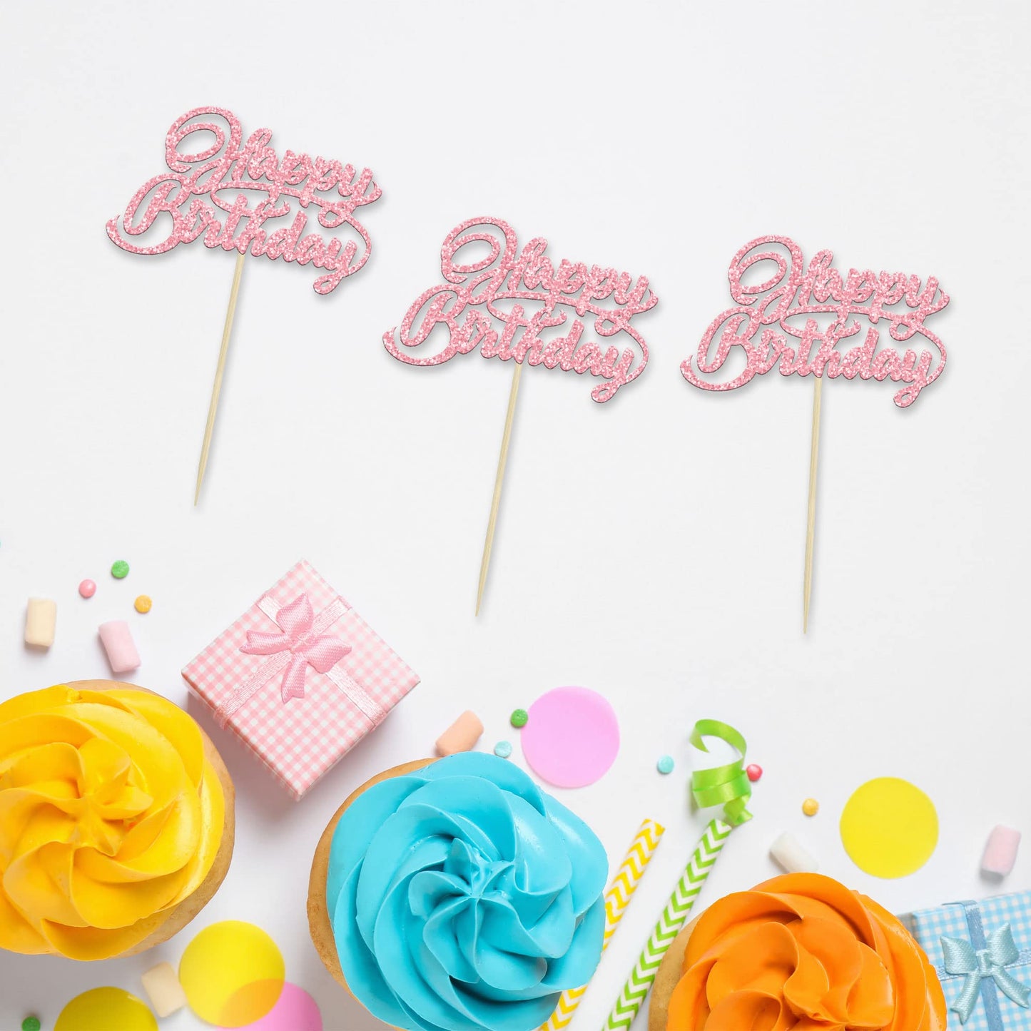 24Pcs Happy Birthday Cupcake Toppers Pink Glitter Birthday Cupcake Food Picks For Celebrating Happy Birthday Party Cake Decorati