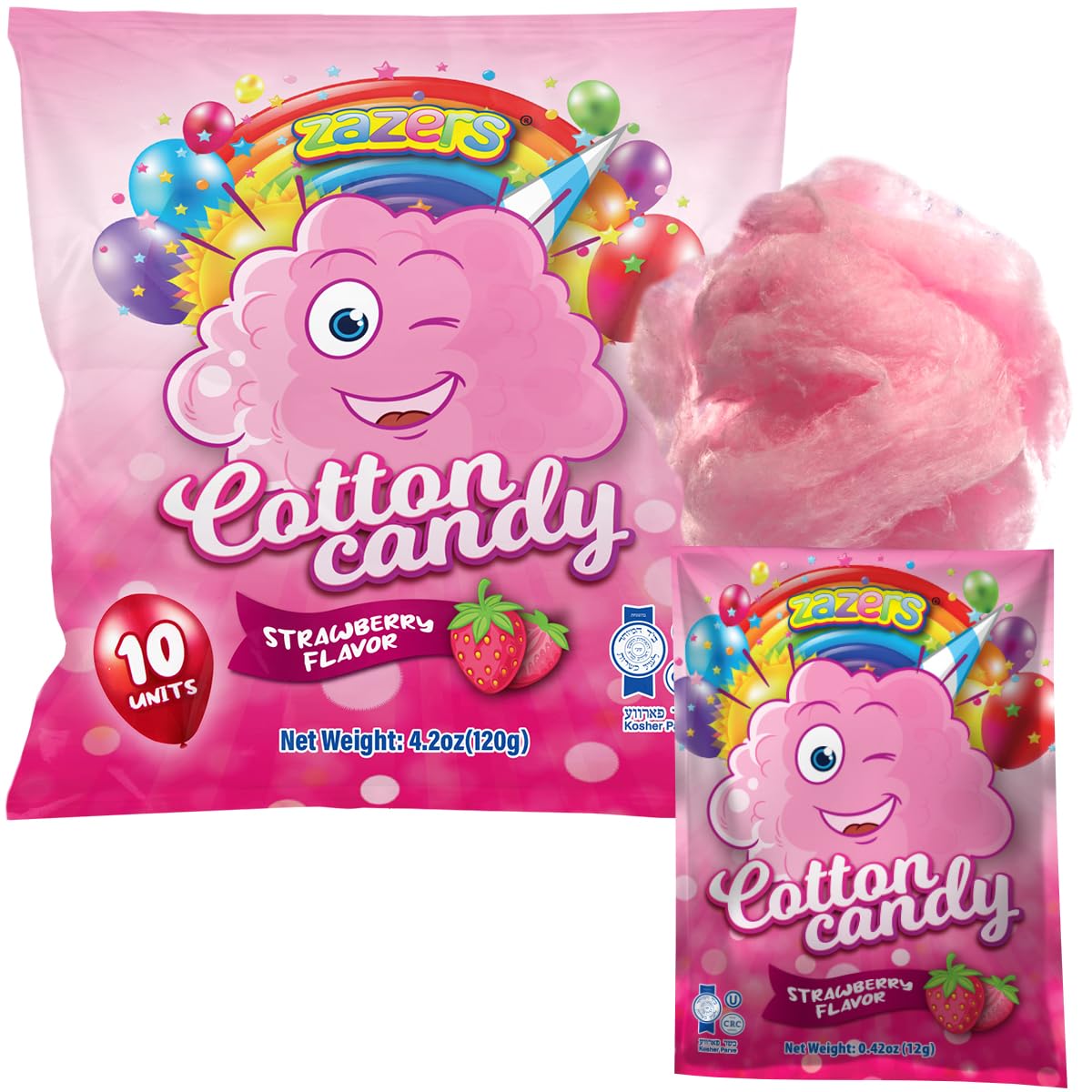 Cotton Candy 10 Pack, 10 cotton candy Bags each 0.42oz, Strawberry mini cotton candy, Pink cotton candy Individually Wrapped for