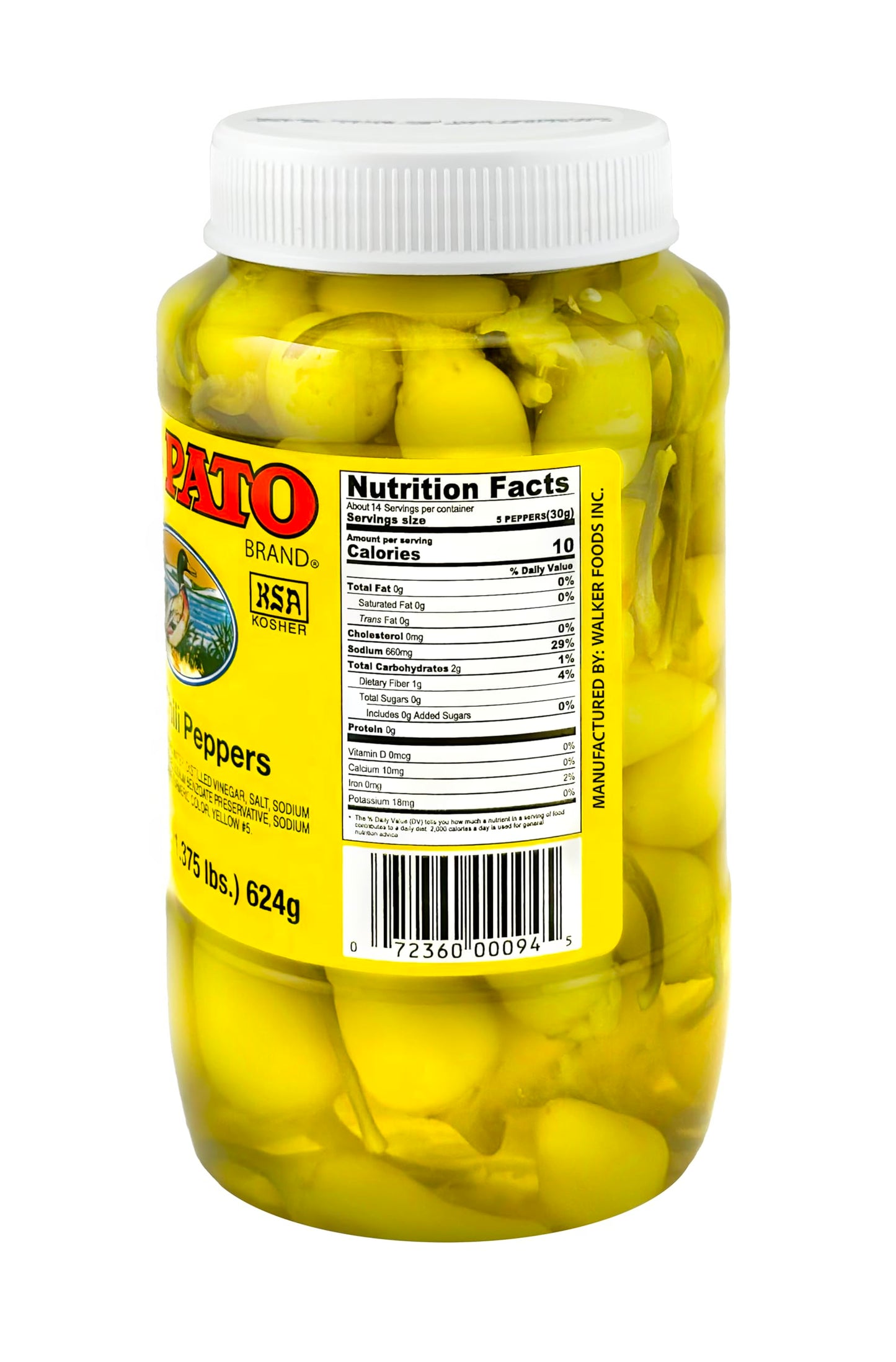 El Pato Hot Chili Peppers 22Oz Pickled Yellow Chili Peppers 624G Kosher