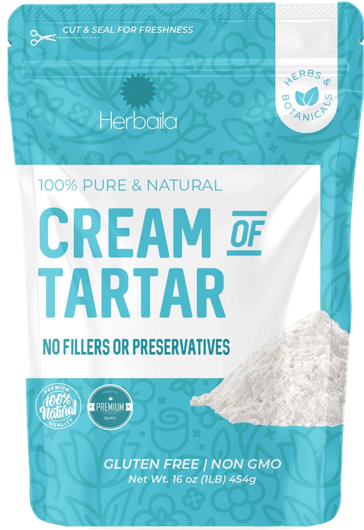 Herbaila Cream of Tartar for Baking 1lb  Gluten Free  enhanced All Natural Food-grade Cream of tartar bulk  natural choice tartar powder - great for meringues  bath  s  cream of tarter 1 lb