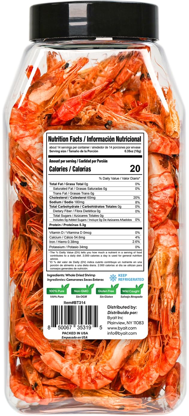 Byait Whole Dried Shrimp 5 Oz, Approx. 95 Pieces, Jumbo Dehydrated & Wild-Caught Shrimp For Snacks, Salads, Soups, Cooking & Ram